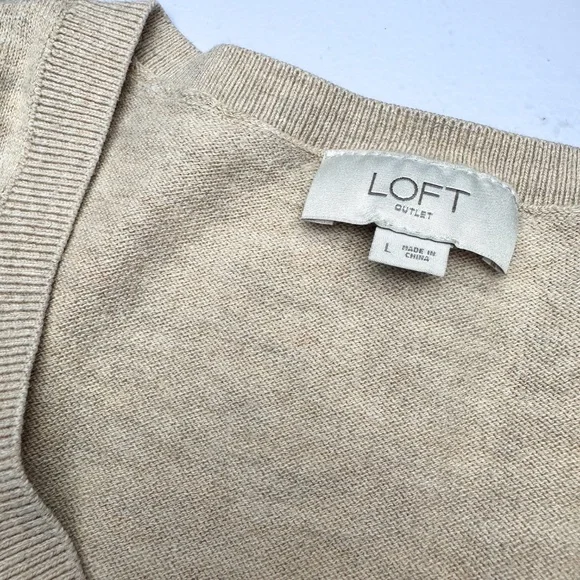LOFT Outlet Puff Sleeve V-Neck Sweater Oatmeal Heather Knit Top L - Picture 3 of 6